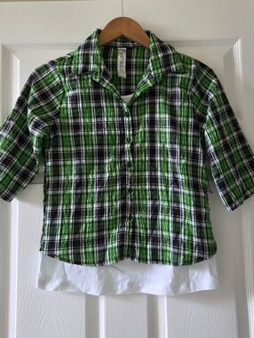 Women's S/Girl's XL Green Plaid Button-Up Shirt & Crown Graphic Tee